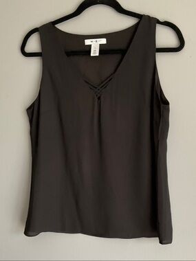 White House Black Market Black V-Neck Sleeveless Top with Braided Trim